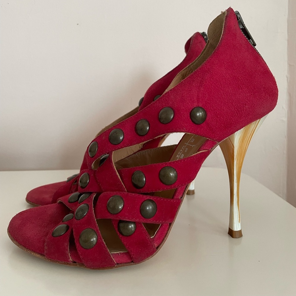 Raspberry Nail Studded Stilettos Sandals Peep-toe SZ 36